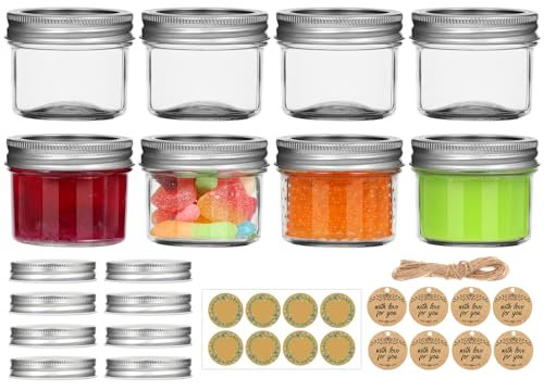 Small Mason Jars with Lids, 4oz 8 Pack Mini Canning Jars With 8 Split-Type Lids And EXTRA 8 One Piece Lids For Dessert, Candy And DIY
