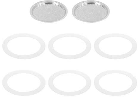 QUARKZMAN Pièces de Rechange pour Cafetière Italienne en Aluminium Avec 1 Filtre et 6 Joints D'Étanchéité en Silicone 56x49x4mm pour Cafetière Moka 3 Tasses (Argent)