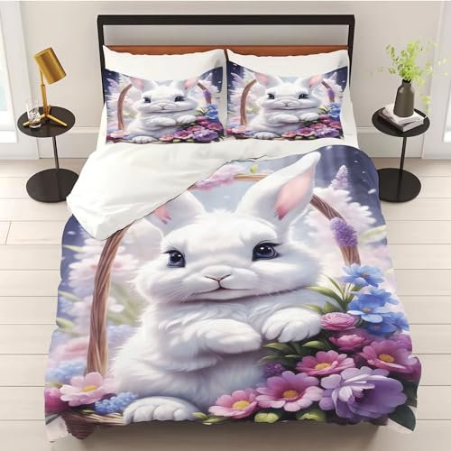 WEQEER Hasen Blumen bettwäsche 135x200 3D Ostereier Ostern Microfaser Bettbezug Frühling Saisonnal Kinderbettwäsche für Mädchen Und Jungen (6,Single 135x200CM)