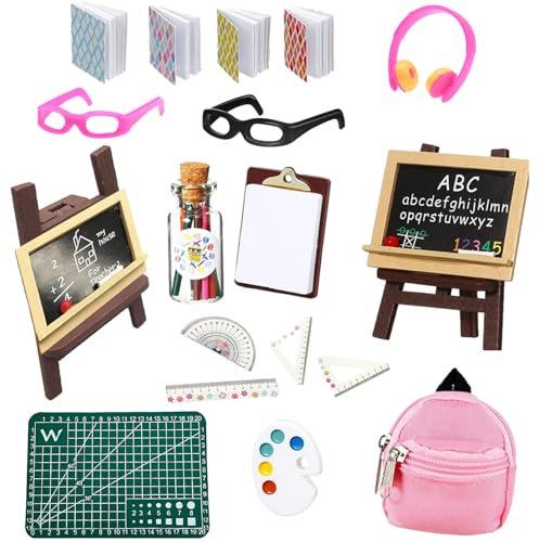 DALAETUS 27 Pcs School Supplies Set, Mini 1:12 Scale Doll School Supplies Include 11 Kind of Dollhouse Accessories for Girls Gift,Decorations,Doll Accessories, Pink/Black, no