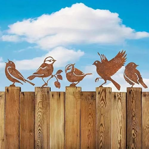 RCVEVCY 5 Stück Gartendeko Rost Vogel,Neu Gartenstecker Rost Deko,Rost Deko für Garten Metall Vogel mit Schraube,für Gartendekoration Frühling Bäume Deko