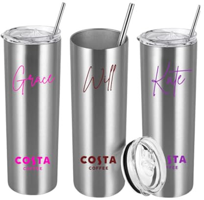 Generic Costa Coffee Personalised Stainless Steel Travel Mug, 20 Oz, Custom Name and Message, Hot/Cold Drinks, Snap Lid, Straw Included
