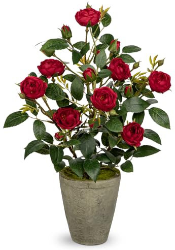 Künstliche Blumen Kunstrosen Kunstblumen Wie Echt Rote Dekoblumen Rosenbusch Höhe 38 cm, im Zememttopf Klein Kunstblumen Deko für Bad Büro Hotel Restaurant