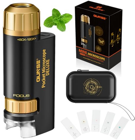QUNSE Mini Taschen Mikroskop für Erwachsener Kinder 60x-120x, 5 Schnitte mit Mikroskoppräparaten, Basics Festplattentasche
