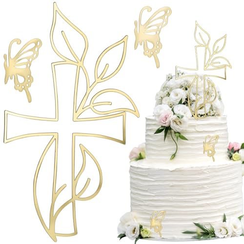 SPEACOUR 3 piezas de decoración para tartas de cruz dorada con diseño de mariposa hueca, decoración de pastel de acrílico con espejo dorado para bautizo, boda, cumpleaños, bautizo, suministros para