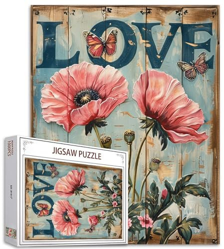 Tucocoo Mohnblumen-Puzzles für Erwachsene, 1000 Teile, Retro-Vintage-Liebeszeichen, Puzzle, Kunst, 50 x 70 cm, Bunte DIY-Puzzles für Heimdekoration, Familienpuzzle, perfekt für Spieleabende