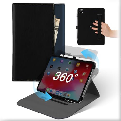 For iPad Pro 12.9 Inch 2022/2021/2020(6th/5th/4th Gen) Case, Leather 360°Rotating and Detachable Stand Folio Cover with Pencil Holder & Pocket, Auto Wake/Sleep Flip Protective Case Black Blue