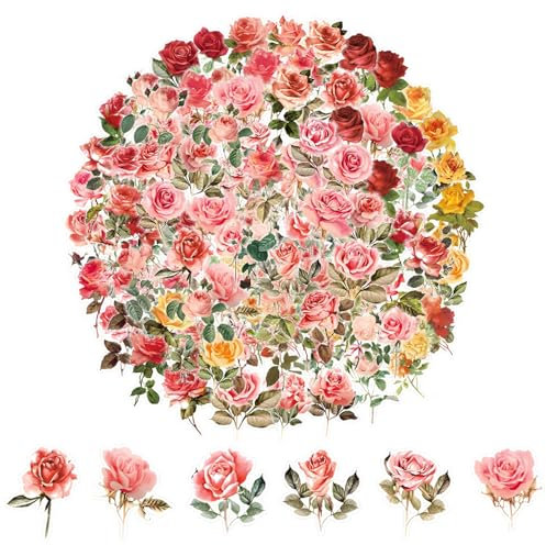 100Pcs Rose Flower Stickers Vinyl Waterproof Stickers Decals Nature Floral Transparent Stickers Aesthetic Vintage Scrapbook Stickers for Scrapbooking Supplies Envelope Junk Journal