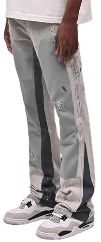 MASUCOR Jeans Y2k Micro Flare da Uomo Pantaloni Denim Patchwork con Schizzi D'inchiostro Alla Moda Casual Autunnali con Tasche Hip-hop Streetwear a Gamba Dritta (Gray, S)
