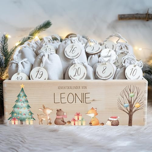 KIDSMOOD Personalisierter Adventskalender 2024 für besondere Überraschungen, Adventskalender zum Befüllen, DIY Weihnachtskalender mit Jutesäckchen & Holzzahlen