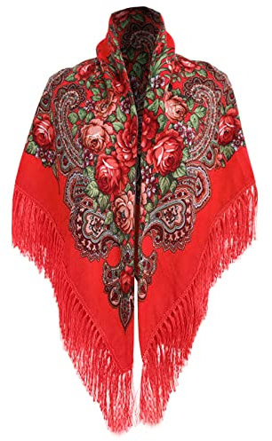 Russian Babushka Damen-Schal, Übergröße, traditioneller ukrainischer Stil, bedruckte Quasten, Schal für Damen, Winter, warm, 1 x Rot., Einheitsgröße
