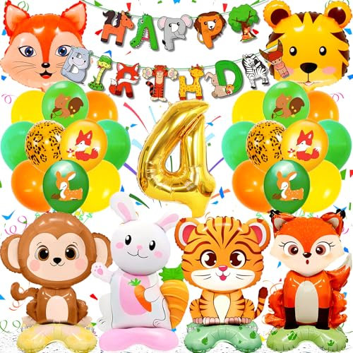 Zaztytoy Waldtiere Geburtstag Deko 4 Jahre Kinder - 28Pcs Tiere Luftballon Set, 3D Gigante Helium Ballons Tiere, Einfach zu Montieren, Geeignet für Party Animals, Zoo Themen Kindergeburtstag Deko