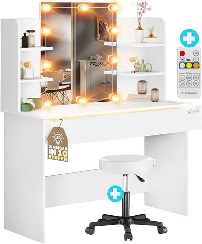 Casaria® Schminktisch mit Spiegel LED Beleuchtung Hocker Fernbedienung Schublade beleuchtet Organizer Weiß Frisiertisch 110 x 40 cm Kosmetiktisch Holz