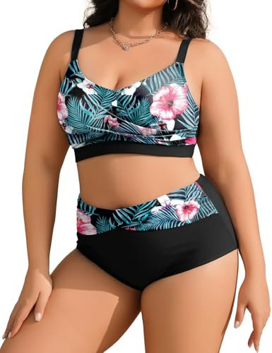 Tuopuda Badeanzug Damen Bauchweg Große Brüste für Mollige, Bikini-Oberteil mit Bikinihose High Waist Sport-Schwimmanzug Sexy Swimsuit Women Badebekleidung, Blau, L