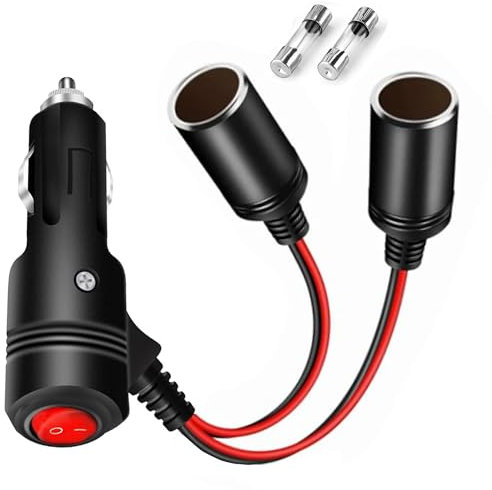 MISYNLON Auto Zigarettenanzünder Splitter, 12V 2 Buchse Zigarettenanzünder Adapter Verlängerung Stecker Kabel mit Ein/Aus-Schalter, Fahrzeug 2-Wege-Y-Adapter mit Dual Power Charger Port 15A Fuse