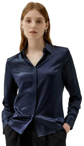 LilySilk Womens Pure Silk Shirt Ladies Button Down Classic Blouse Tops with Point Collar and Hidden Placket for Casual Business Multiple Occasions(Dark Blue,M)