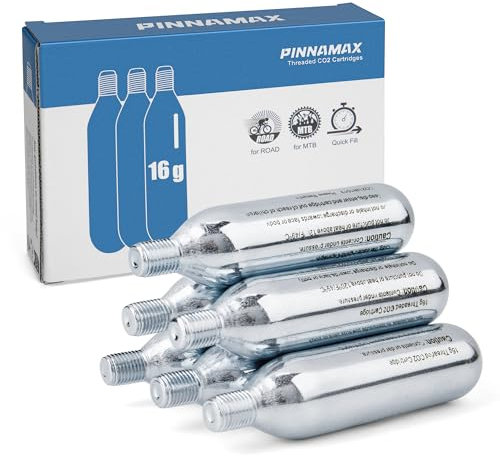 PINNAMAX CO2 Fahrradpumpe Set–CO2 Inflator mit 16g/25g CO2 Kartuschen–Kompakt, Leicht, Kompatibel mit Presta & Schrader Ventilen–Perfekt für Rennräder & MTB–Inkl.Schutzhülle (6x16g CO2 Kartuschen)