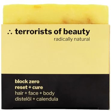 terrorists of beauty - Dusch-seife, Gesichts-seife und Haar-seife block zero Distelöl & Calendula, regionale Zutaten – 100g - Naturseife ohne Plastik, Vegan, Palmölfrei, Tierversuchsfrei
