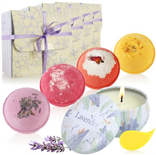 Wilhelm Sell® Geschenk-Box für Valentinstag, Geburtstag, Muttertag - Insgesamt 4X Badebomben und 1x Sojawachskerzen - Wellness-Sets für Frauen und Männer zur Entspannung
