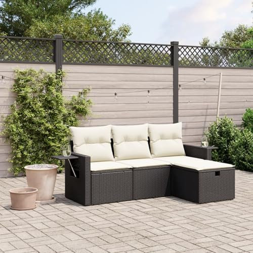IKAYAA 4-TLG Balkon Lounge Gartenlounge Klein Rattan Sofa Balkonsofa Kleiner Balkon Sitzecke Balkon Loungemöbel Gartensofa Ecksofa Schwarz und Creme