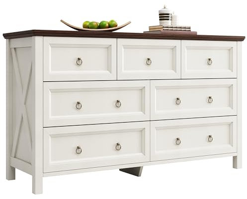 KecDuey Aparador blanco de 137 cm, estilo vintage, con tiradores de aluminio, encimera color nogal, para dormitorio, salón (7 cajones)