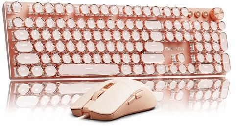 EWEADN Wired Typewriterkeyboard and Mouse Combo, Typewriter Style Mechanical Gaming Keyboard,104 Keys Backlit LED Keyboards, Media Control Knob, Wired Keyboard Pink Switch for Windows/Mac/PC-Pink