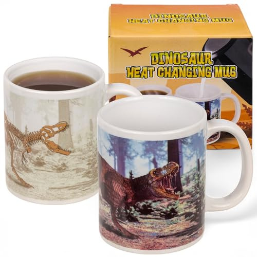 MIJOMA Thermoeffekt Kaffeebecher T-Rex aus Steingut – wärmeempfindliche Tasse 330 ml – Henkelbecher mit Dinosaurier-Motiv für Kaffee, Tee und Geschenkideen