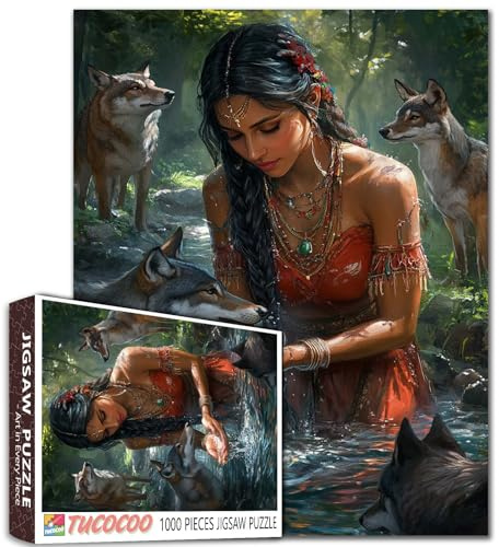 Native American Woman in River 1000 Piece Jigsaw Puzzle for Adults Students Forest American Indian and Animal Wolves Scenery 20X27 Inches Challenging Puzzles Game for Family Home Decor
