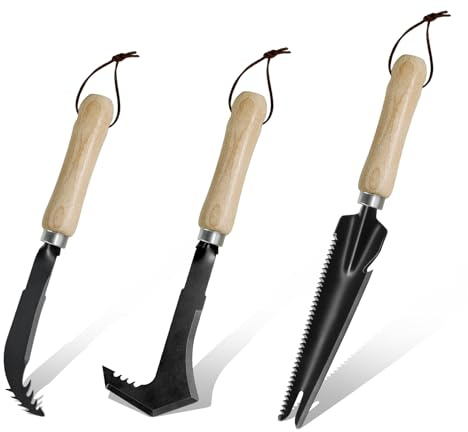 Colwelt Weed Remover Tool Set 3-Pack, Hand Weeding Tools For Garden, Weed Puller Root Remover with Wooden Handle & Serrated Edge, Garden Lawn Weeder Tool for Removing Moss And Weeds In Paving Joints