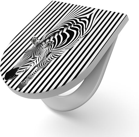 DEQORI Abattant de WC avec motif « Zebra im Streifenrausch » - Abattant de WC en Duroplast blanc - Format 36,4 x 45,4 cm - Lunette de toilette antibactérienne en forme de D avec couvercle - Facile