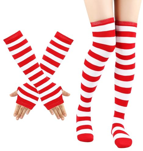 Meleager Ringelsocken Rot Weiß und Handschuhe, Karneval Rot Weiss Kostüm Damen Zubehör, Kniestrümpfe für Kölner Cosplay Karneval Party