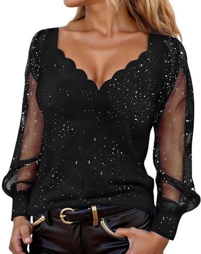 JiJiRuDU Silvester Outfit Damen: Glitzer Oberteile Pailletten Top mit V-Ausschnitt Damenshirt Glamour Glitzeroberteil Blusenshirt Elegant Festliche Blusen Tunika Rave Party