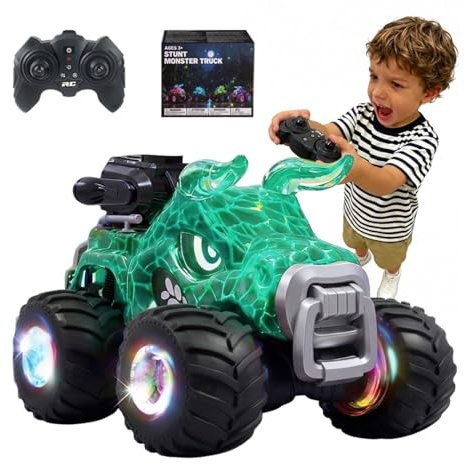 BEZGAR Monster Truck Toys, 1:18 Remote Control Monster Truck, Cyan | with Water Spray & Dancing Spins, 4WD RC Truck for Boys, RC Cars with 2 Batteries, Toys for 6+ Year Old Boys