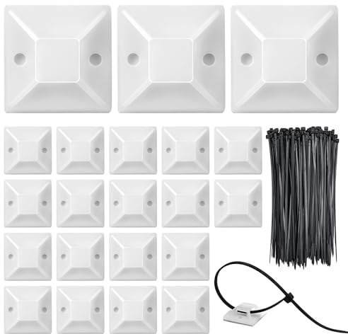 100 Pezzi Supporti Autoadesivi per Fascette con 100 Fascette Stringicavo, Basi Fermacavi con Adesivo Extra Forte per Organizzazione Cavi Casa e Ufficio, 18x18mm, Bianco