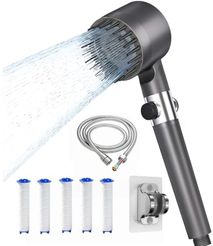 High Pressure Shower Head with 4 Spray Modes,Hard Water Filter Shower Heads with 1.5M Hose,Stand,Filter*5,Handheld Massage Shower Head with Pause Switch,Shower Filter for Chlorine Remove,Gris