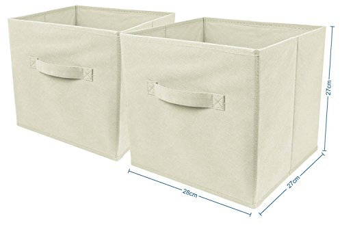 Set of 2 Large Foldable Square Storage Cubes, Fabric Organiser Canvas Cube Boxes Collapsible for Home, Bedroom, Nursery Office, Playroom Toys, 28 x 28 x 28 cm (Beige)