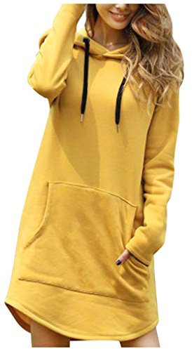 Lazzboy Kapuzenpullover Frauen Lange Länge Lose Feste Kordelzug Hoodie Pullover Mit Großer Tasche Damen Langarm Sweatshirts Tops Herbst Mini(Gelb,L)