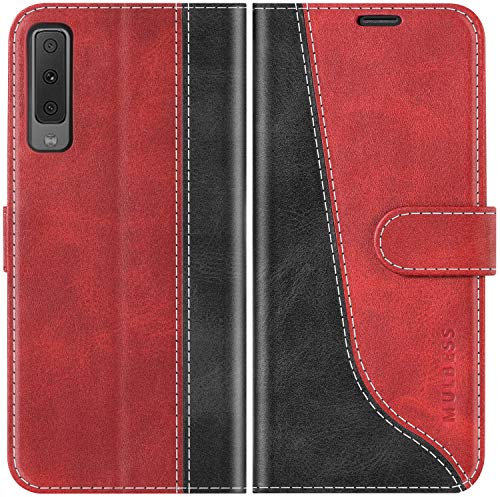 Mulbess für Samsung Galaxy A7 2018 Hülle, Handyülle Leder mit Kartenfach, Klapphülle mit Magnetverschluss, Flip Case Etui Handytasche Schutzhülle, Stilvoll Wein Rot