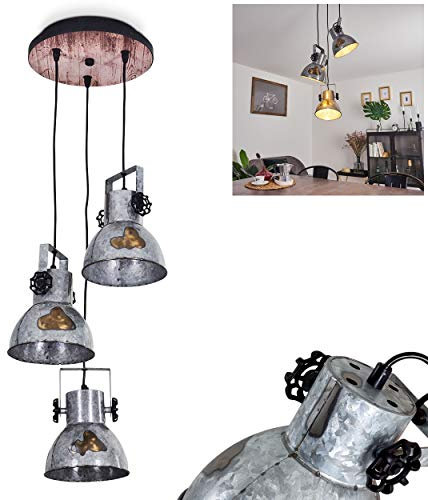 Hängeleuchte Hora, 3-flammige Pendellampe aus Stahl in Schwarz/Silber mit Holzoptik, Vintage Deckenlampe, 3 x E27-Fassung,ohne Leuchtmittel
