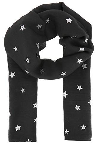 Damen-Schal mit Sternmotiv, silberfarben, 30% Baumwolle, 70% Viskose, groß, leicht, lang und rechteckig, 180 cm x 70 cm, bedruckt, originell, glänzend, modern und trendig, 180cm x 70cm, Schwarz