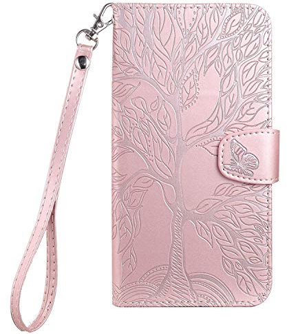 Aisenth Coque pour Samsung Galaxy S10e, Arbre de Vie Papillon Housse Case en Cuir Synthétique Cover à Rabat, Portefeuille Étui de Protection avec Fentes pour Cartes, Fonction de Support, Or Rose