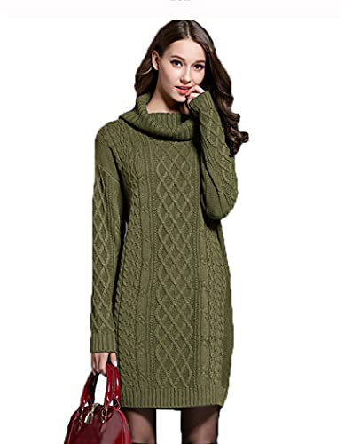 HZQIFEI Robe Pull Femme, Automne-Hiver Mini Robe Tricoté à Col Haut Robe Mi-Longue Chandail Pull Slim Fit (Armée Verte, XXL)