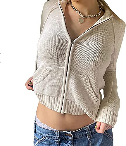 NINALUNA Women Y2K Zip Up Knit Hoodies Cardigan Sweaters Solid Color Long Sleeve Vintage Aesthetic Pullover Sweatshirts Jackets