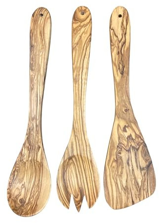 Zerazi | Set De 3 Ustensiles De Cuisine | Bois d’Olivier | 1 Cuillère | 1 Spatule | 1 Fourchette | 30cm | Écologique | Entièrement Fabriqué À La Main | Durable | Hygiénique
