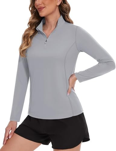 TACVASEN Damen UV Schutz Shirt Langarm Sportoberteil Schnelltrocknend Surftop Badeshirt Reißverschluss (L, Hellgrau)