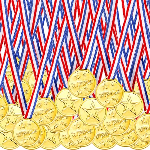 Fasmov 100 Pieces Kids Plastic Winner Medals, Winner Award Medals for Kids Sports Awards, Games Competitions, Prizes, Party Favors and Decorations