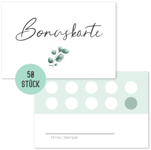 Things of Happiness Blanko Bonuskarten (50 Stück) im schlichten Design | Bonus/Stempelkarten für Nagelstudio, Friseur, Massage, Kosmetik, Physiotherapeut (Bonuskarte Eucalyptus)