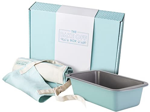 The Great British Bake Off Baking Gifts, inc. Official Bake Off Apron for Women & Men, Loaf Tin, Carbon Steel Bakeware & 100% Cotton Textiles in Signature Duck Egg Blue, GBBO Logos on Both pcs