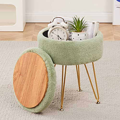 Cplxroc Repose-pieds rond en fausse fourrure de vison avec espace de rangement doux - Petite table d'appoint - Pieds en métal avec pieds réglables (vert clair)