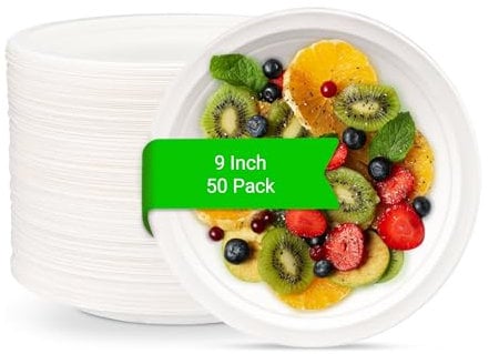 Fasttrack 9-inch White Paper Plates | Super Rigid 50 Pack Extra Strength Bagasse Sugarcane Disposable Microwave Plates | Biodegradable, Party-Friendly
